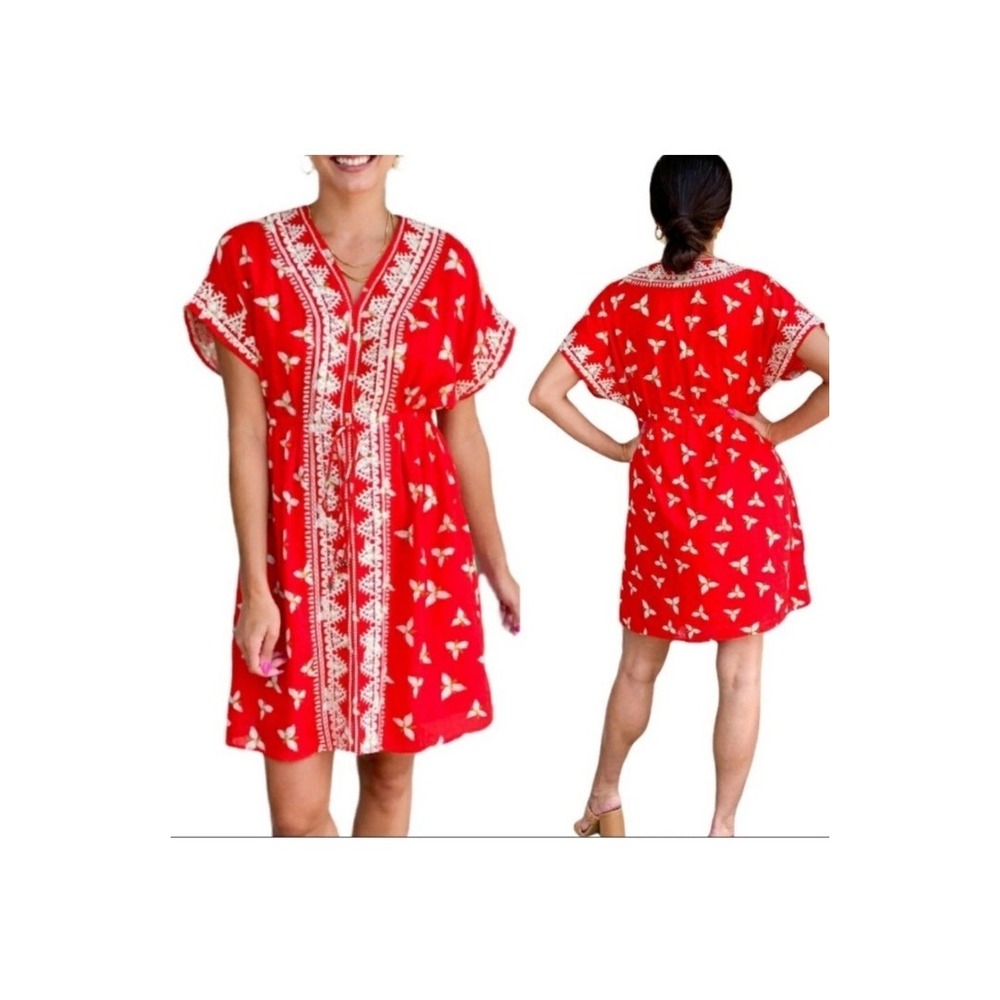 Anthropologie THML Maya red‎ floral embroidered dress size Large